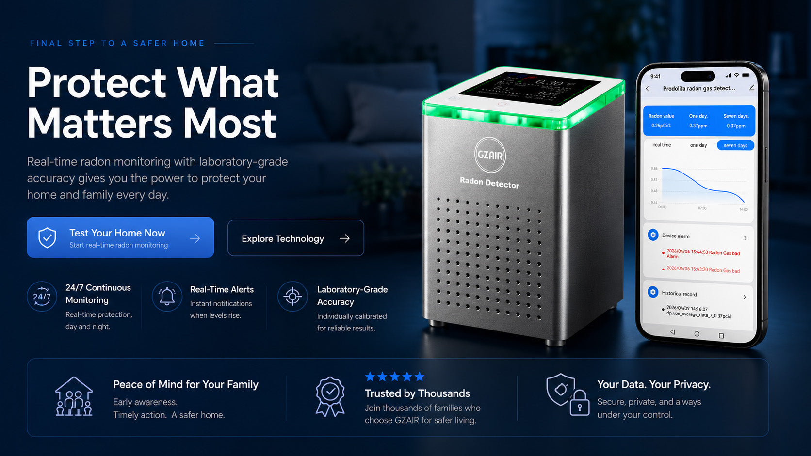 alt="Real-time radon monitoring system designed to help protect indoor air quality"